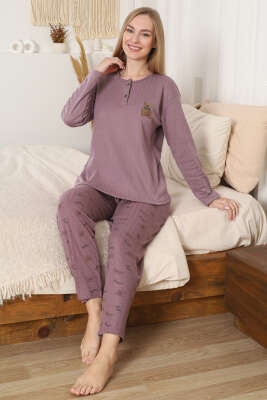 Ayıcık Nakışlı Fitilli Uzun Kol Pijama Takımı Gül Kurusu - Pijama