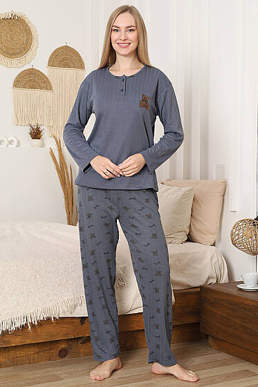 Ayıcık Nakışlı Fitilli Uzun Kol Pijama Takımı Kayrak Grisi - Pijama