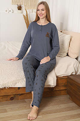Ayıcık Nakışlı Fitilli Uzun Kol Pijama Takımı Kayrak Grisi - Pijama