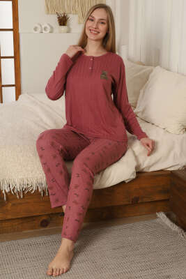 Ayıcık Nakışlı Fitilli Uzun Kol Pijama Takımı Magenta - Pijama
