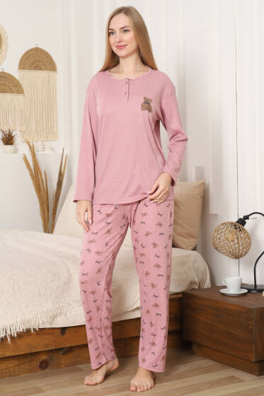 Ayıcık Nakışlı Fitilli Uzun Kol Pijama Takımı Pudra - Pijama