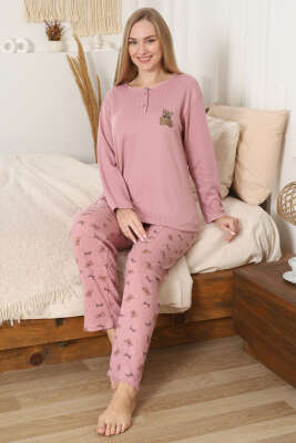 Ayıcık Nakışlı Fitilli Uzun Kol Pijama Takımı Pudra - Pijama
