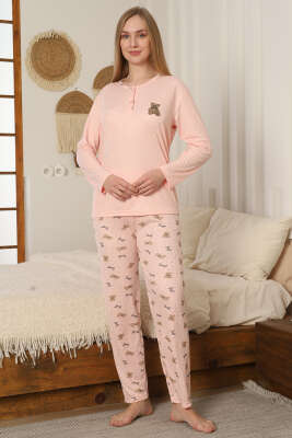 Ayıcık Nakışlı Fitilli Uzun Kol Pijama Takımı Yavru Ağzı - GLİSA