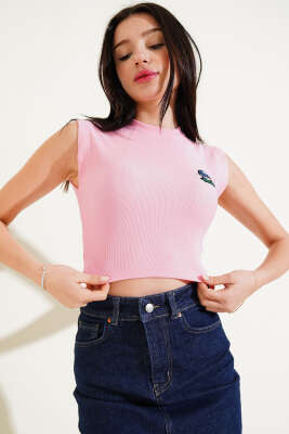 Ayıcık Nakışlı Kolsuz Crop Pembe 