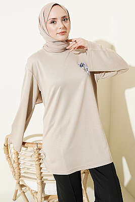 Ayıcık Nakışlı Loyşa Tunik Bej - Tunik