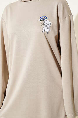 Ayıcık Nakışlı Loyşa Tunik Bej - Tunik