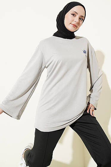 Ayıcık Nakışlı Loyşa Tunik Gri - Tunik
