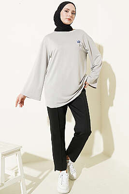 Ayıcık Nakışlı Loyşa Tunik Gri - Tunik