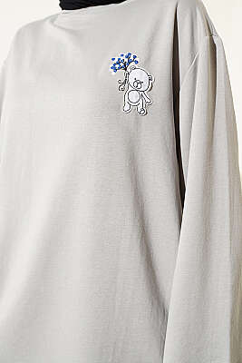 Ayıcık Nakışlı Loyşa Tunik Gri - Tunik