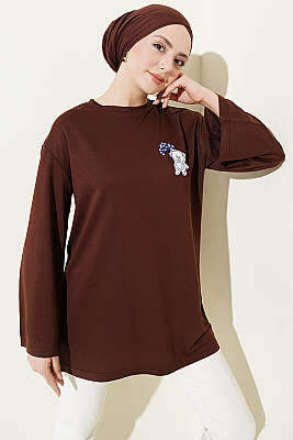 Ayıcık Nakışlı Loyşa Tunik Kahve - SAS