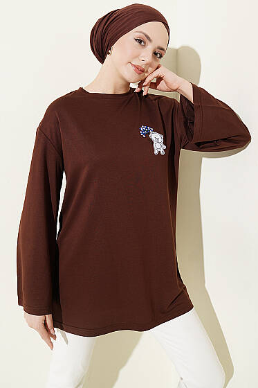 Ayıcık Nakışlı Loyşa Tunik Kahve - Tunik
