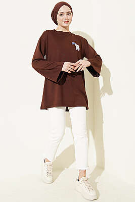 Ayıcık Nakışlı Loyşa Tunik Kahve - Tunik