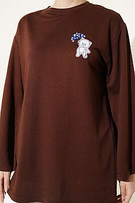 Ayıcık Nakışlı Loyşa Tunik Kahve - Tunik