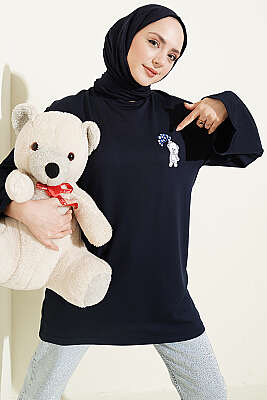 Ayıcık Nakışlı Loyşa Tunik Lacivert - SAS