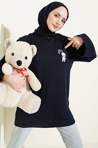 Ayıcık Nakışlı Loyşa Tunik Lacivert - Tunik