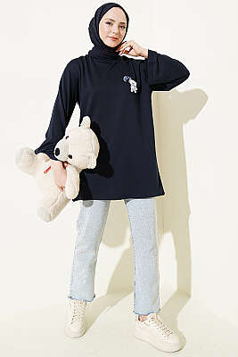 Ayıcık Nakışlı Loyşa Tunik Lacivert - Tunik