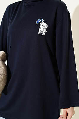 Ayıcık Nakışlı Loyşa Tunik Lacivert - Tunik