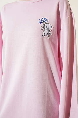 Ayıcık Nakışlı Loyşa Tunik Pembe - Tunik