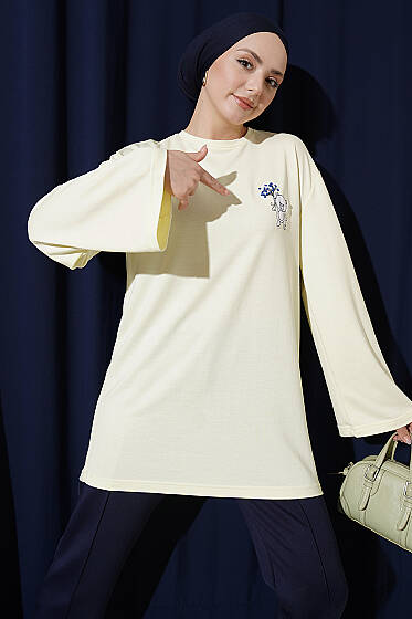 Ayıcık Nakışlı Loyşa Tunik Sarı - Tunik