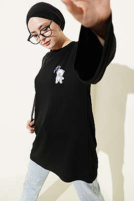 Ayıcık Nakışlı Loyşa Tunik Siyah - SAS