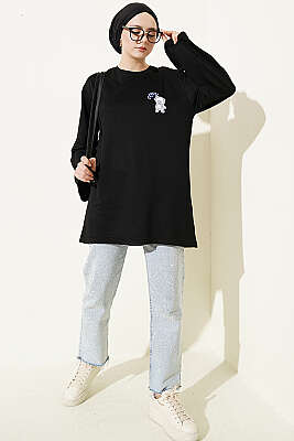 Ayıcık Nakışlı Loyşa Tunik Siyah - Tunik