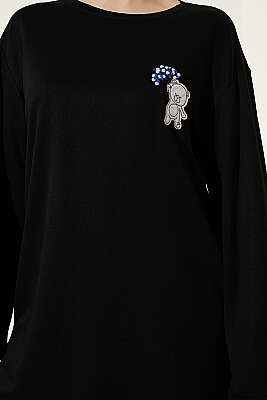 Ayıcık Nakışlı Loyşa Tunik Siyah - Tunik