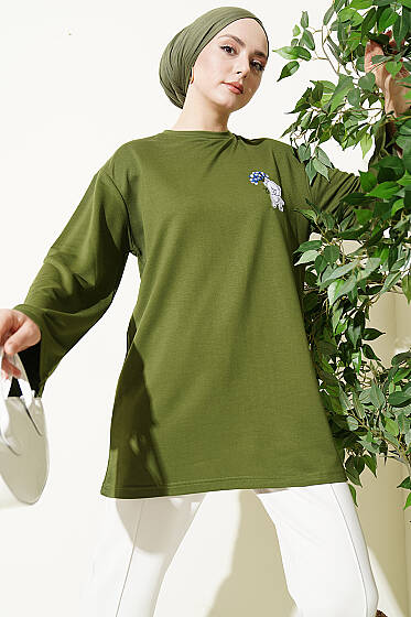 Ayıcık Nakışlı Loyşa Tunik Yeşil - Tunik
