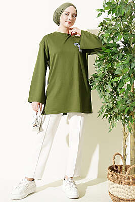 Ayıcık Nakışlı Loyşa Tunik Yeşil - Tunik