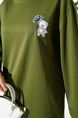 Ayıcık Nakışlı Loyşa Tunik Yeşil - Tunik