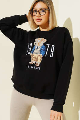 Ayıcık Nakışlı New York Üç İplik Sweatshirt Siyah - DİVON