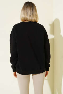 Ayıcık Nakışlı New York Üç İplik Sweatshirt Siyah - Kadın Giyim Modelleri