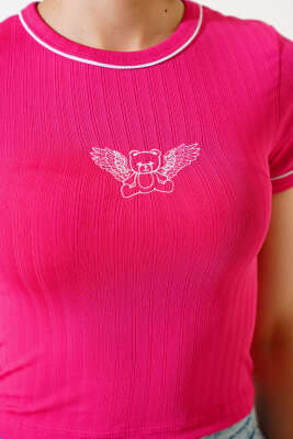 Ayıcık Nakışlı T-shirt Fuşya - Yılın Fırsatı
