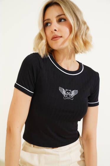 Ayıcık Nakışlı T-shirt Siyah - Yeni Giyim