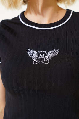 Ayıcık Nakışlı T-shirt Siyah - Yılın Fırsatı