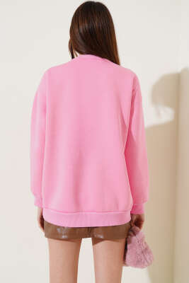 Ayıcık Nakışlı Üç İplik Sweatshirt Pembe - Kadın Giyim Modelleri
