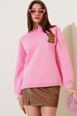 Ayıcık Nakışlı Üç İplik Sweatshirt Pembe - Kadın Giyim Modelleri