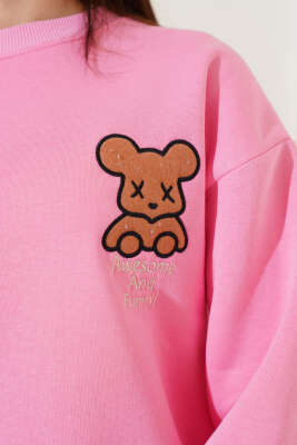 Ayıcık Nakışlı Üç İplik Sweatshirt Pembe - Kadın Giyim Modelleri