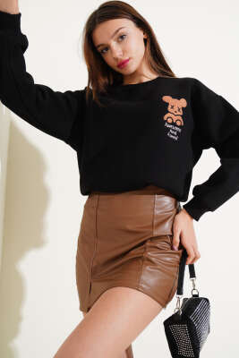 Ayıcık Nakışlı Üç İplik Sweatshirt Siyah - ADYES