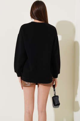 Ayıcık Nakışlı Üç İplik Sweatshirt Siyah - Kadın Giyim Modelleri