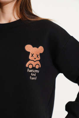 Ayıcık Nakışlı Üç İplik Sweatshirt Siyah - Kadın Giyim Modelleri