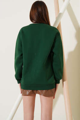 Ayıcık Nakışlı Üç İplik Sweatshirt Zümrüt - Kadın Giyim Modelleri