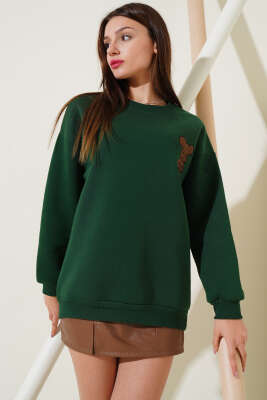 Ayıcık Nakışlı Üç İplik Sweatshirt Zümrüt - Kadın Giyim Modelleri