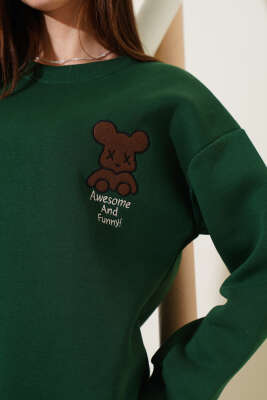 Ayıcık Nakışlı Üç İplik Sweatshirt Zümrüt - Kadın Giyim Modelleri