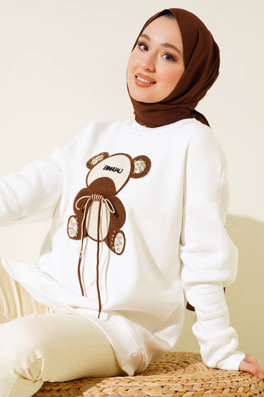 Ayıcık Nakışlı Üç İplik Tunik Ekru - Tunik