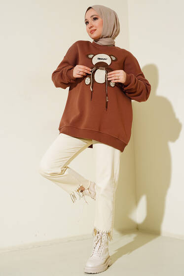 Ayıcık Nakışlı Üç İplik Tunik Kahve - Tunik
