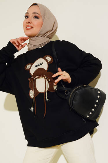 Ayıcık Nakışlı Üç İplik Tunik Siyah - Tunik