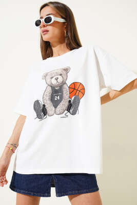 Ayıcıklı Basket Top Baskılı T-shirt Beyaz - Kadın Giyim Modelleri