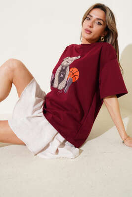 Ayıcıklı Basket Top Baskılı T-shirt Bordo - Kadın Giyim Modelleri