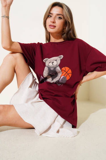 Ayıcıklı Basket Top Baskılı T-shirt Bordo - Kadın Giyim Modelleri
