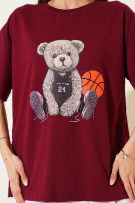Ayıcıklı Basket Top Baskılı T-shirt Bordo - Kadın Giyim Modelleri